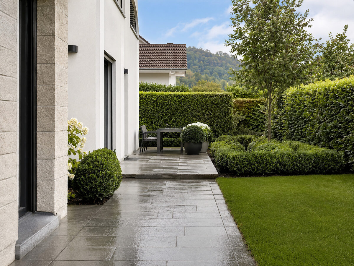 Extérieur propre avec allée et jardin entretenus